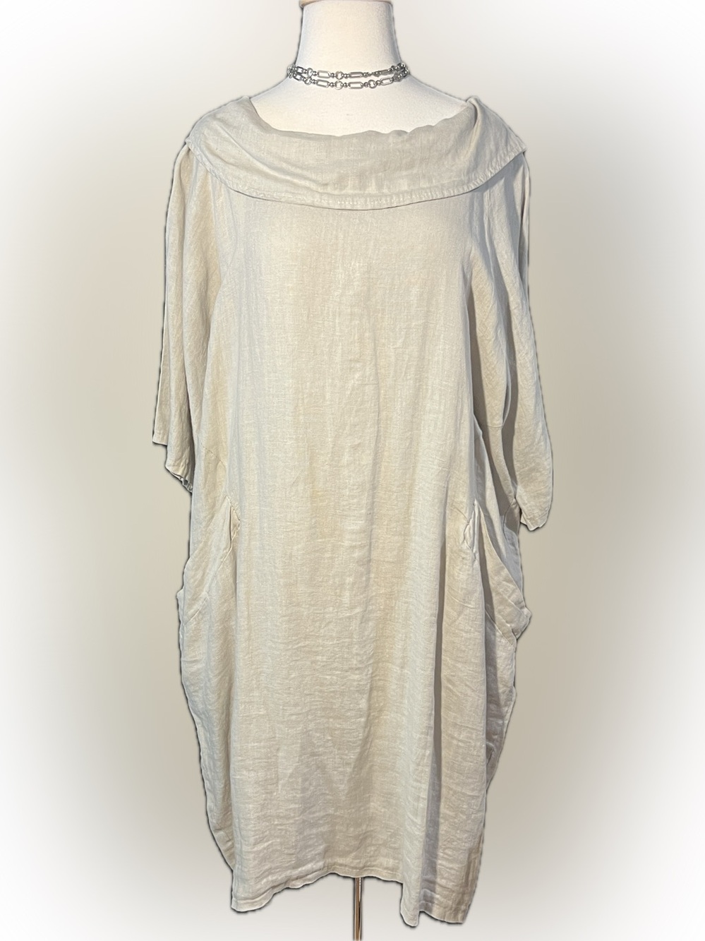 Zen Italian beige linen button up/back, regal collar/cowl dress w/pockets-NWT